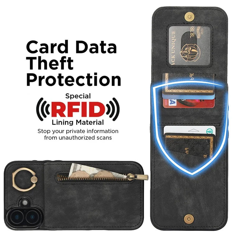 Pour Iphone 16 Plus Case RFID Blocking Ring Kickstand Retro Leather + Tpu Anti-Fall Téléphone Cover - Noir