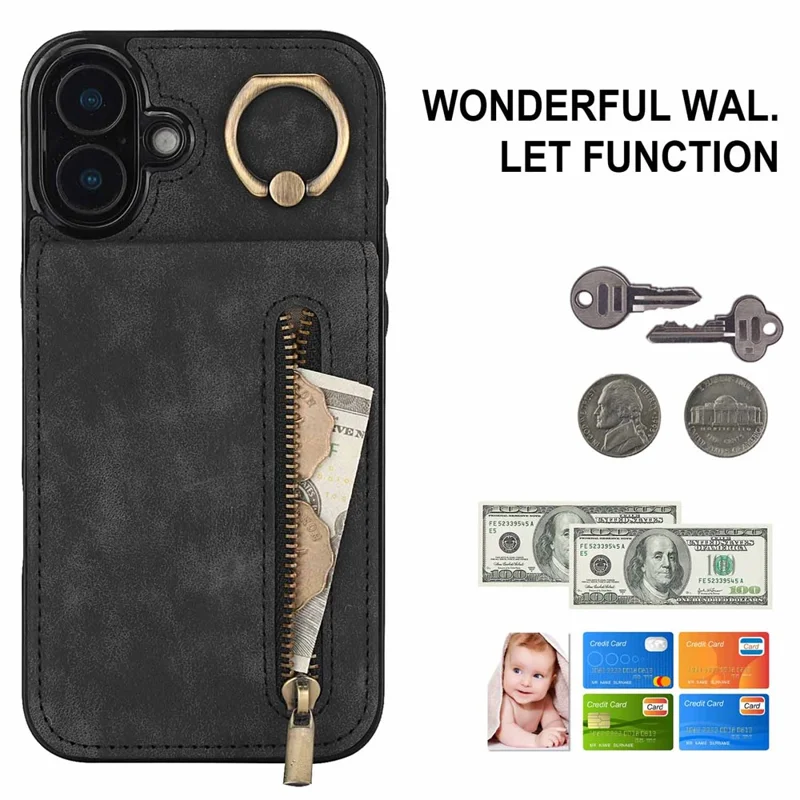 Pour Iphone 16 Plus Case RFID Blocking Ring Kickstand Retro Leather + Tpu Anti-Fall Téléphone Cover - Noir