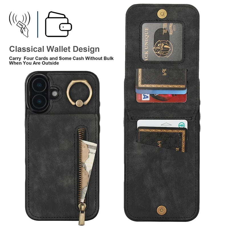 Pour Iphone 16 Plus Case RFID Blocking Ring Kickstand Retro Leather + Tpu Anti-Fall Téléphone Cover - Noir