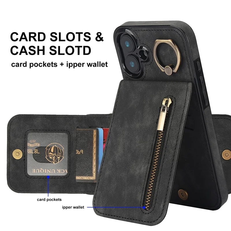 Pour Iphone 16 Plus Case RFID Blocking Ring Kickstand Retro Leather + Tpu Anti-Fall Téléphone Cover - Noir