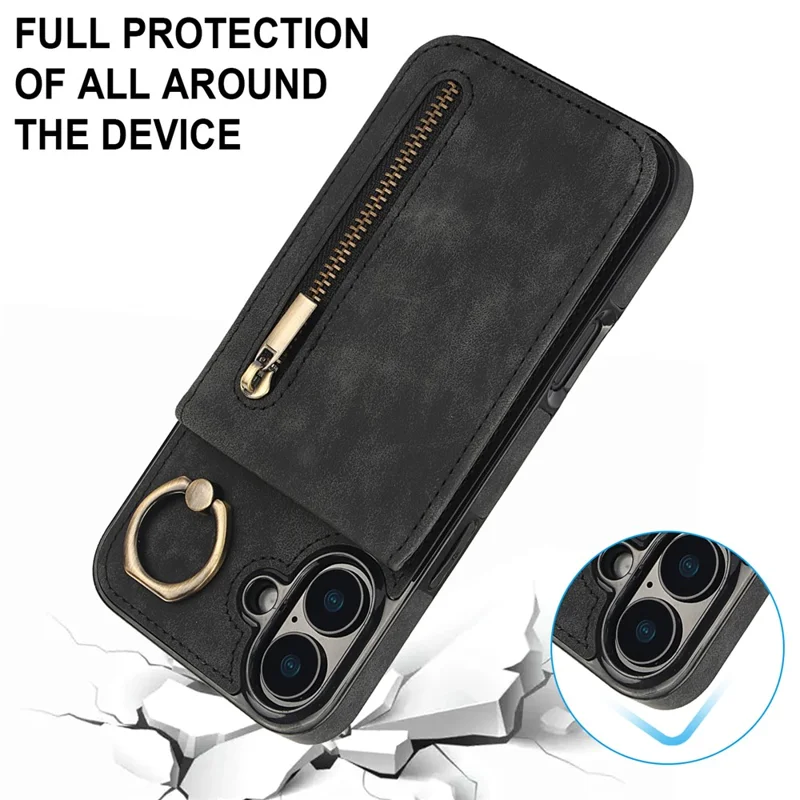 Pour Iphone 16 Plus Case RFID Blocking Ring Kickstand Retro Leather + Tpu Anti-Fall Téléphone Cover - Noir