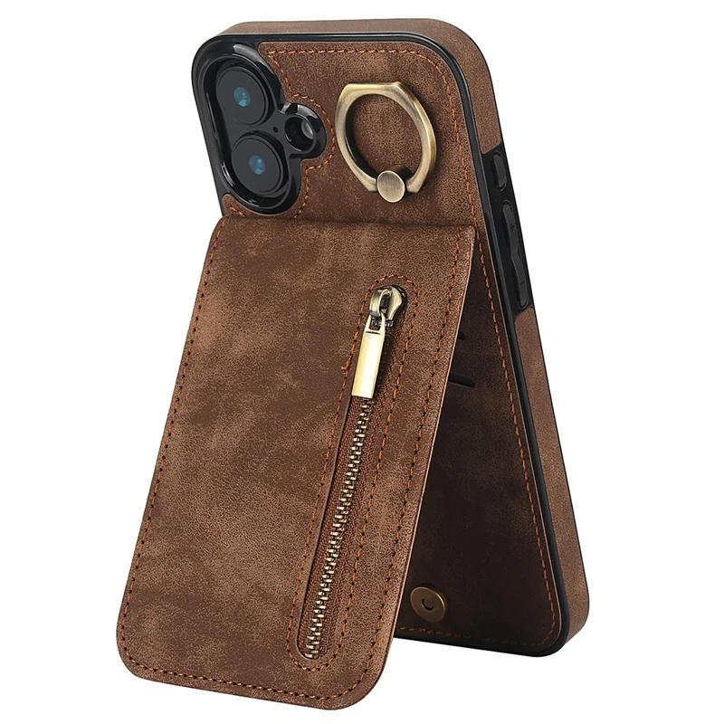 For iPhone 16 Plus Case RFID Blocking Ring Kickstand Retro Leather+TPU Anti-fall Phone Cover - Brown