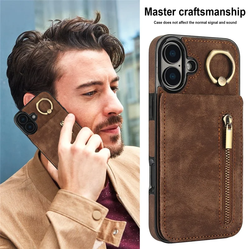 For iPhone 16 Plus Case RFID Blocking Ring Kickstand Retro Leather+TPU Anti-fall Phone Cover - Brown