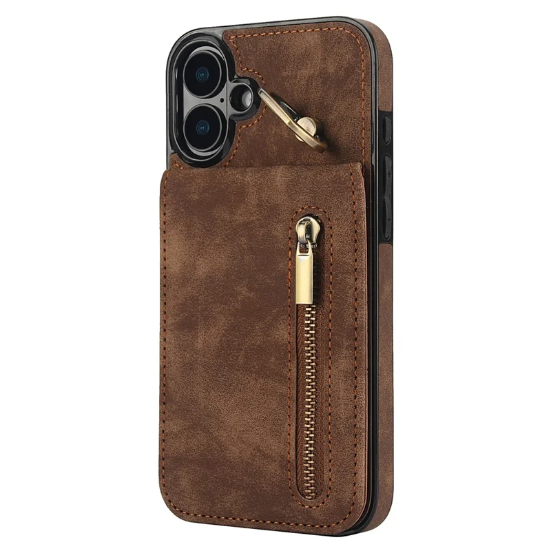 For iPhone 16 Plus Case RFID Blocking Ring Kickstand Retro Leather+TPU Anti-fall Phone Cover - Brown
