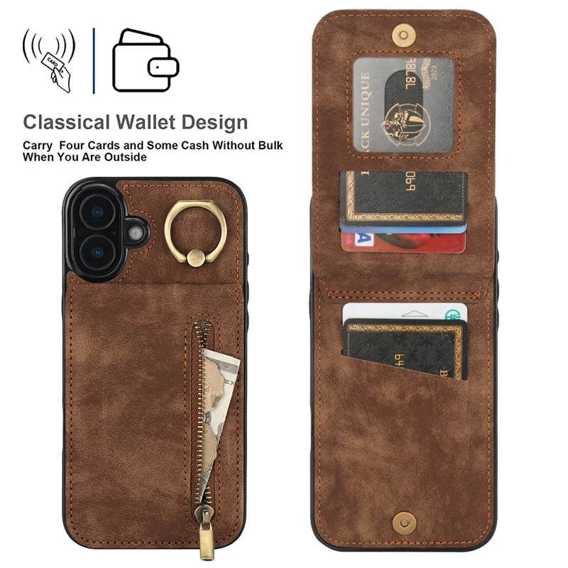 For iPhone 16 Plus Case RFID Blocking Ring Kickstand Retro Leather+TPU Anti-fall Phone Cover - Brown