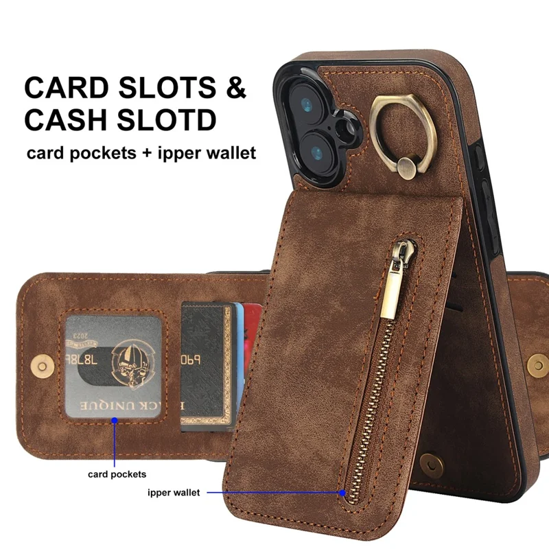 For iPhone 16 Plus Case RFID Blocking Ring Kickstand Retro Leather+TPU Anti-fall Phone Cover - Brown