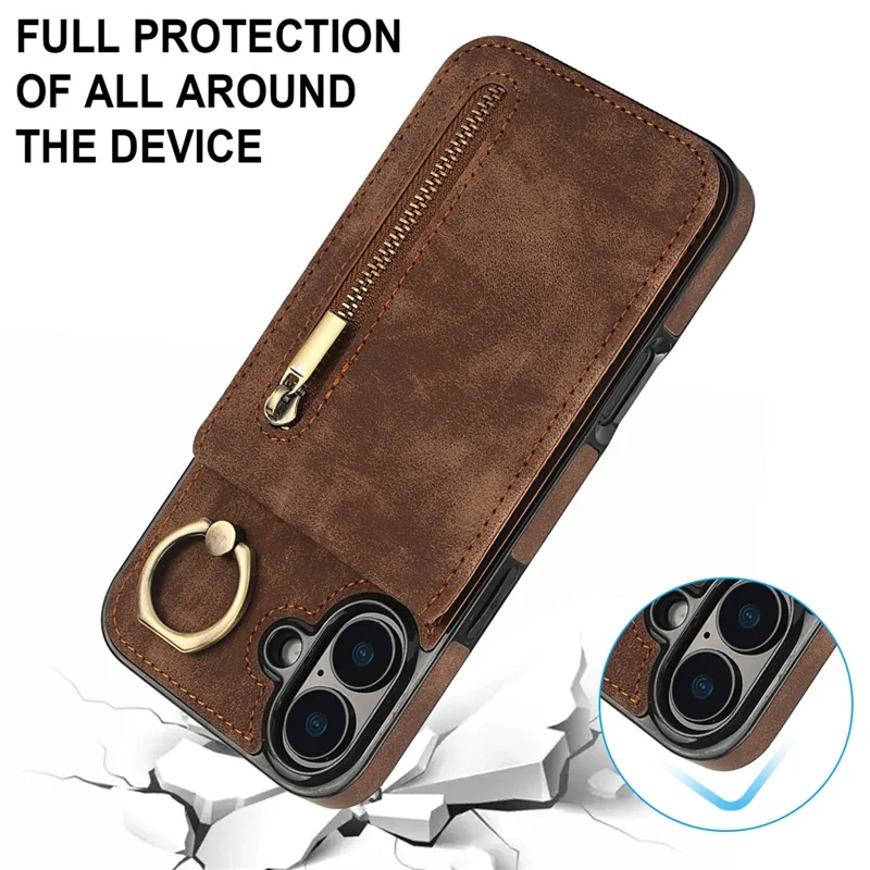 For iPhone 16 Plus Case RFID Blocking Ring Kickstand Retro Leather+TPU Anti-fall Phone Cover - Brown