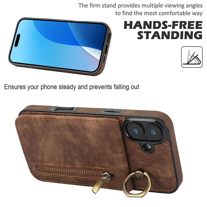 For iPhone 16 Plus Case RFID Blocking Ring Kickstand Retro Leather+TPU Anti-fall Phone Cover - Brown
