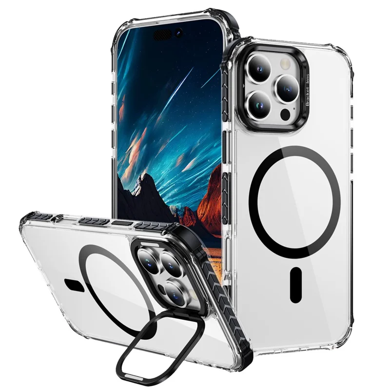 For iPhone 15 Pro Max Clear Phone Case with Lens Kickstand Cover Compatible with MagSafe - Black