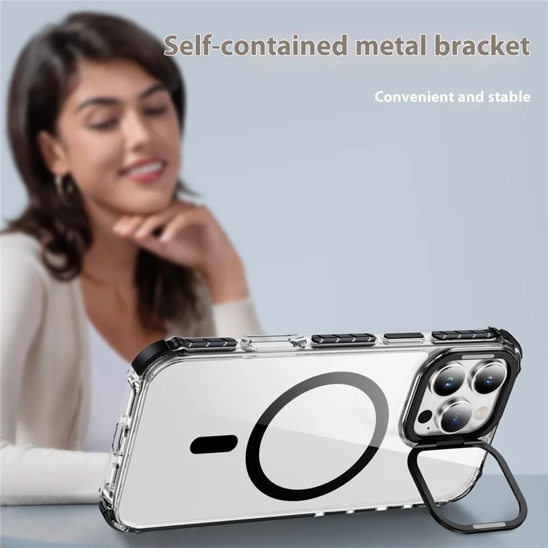 For iPhone 15 Pro Max Clear Phone Case with Lens Kickstand Cover Compatible with MagSafe - Black