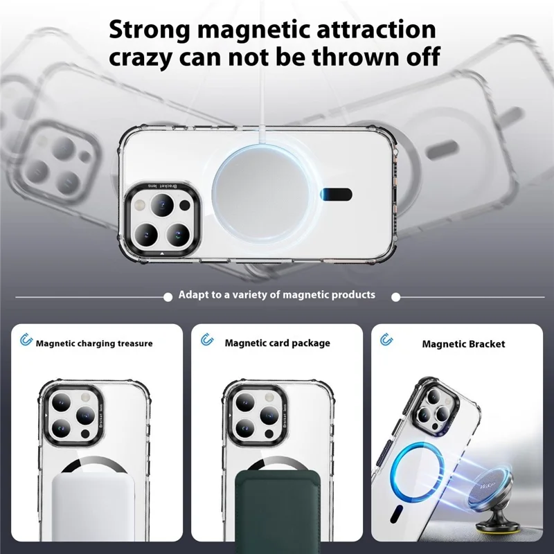 For iPhone 15 Pro Max Clear Phone Case with Lens Kickstand Cover Compatible with MagSafe - Black