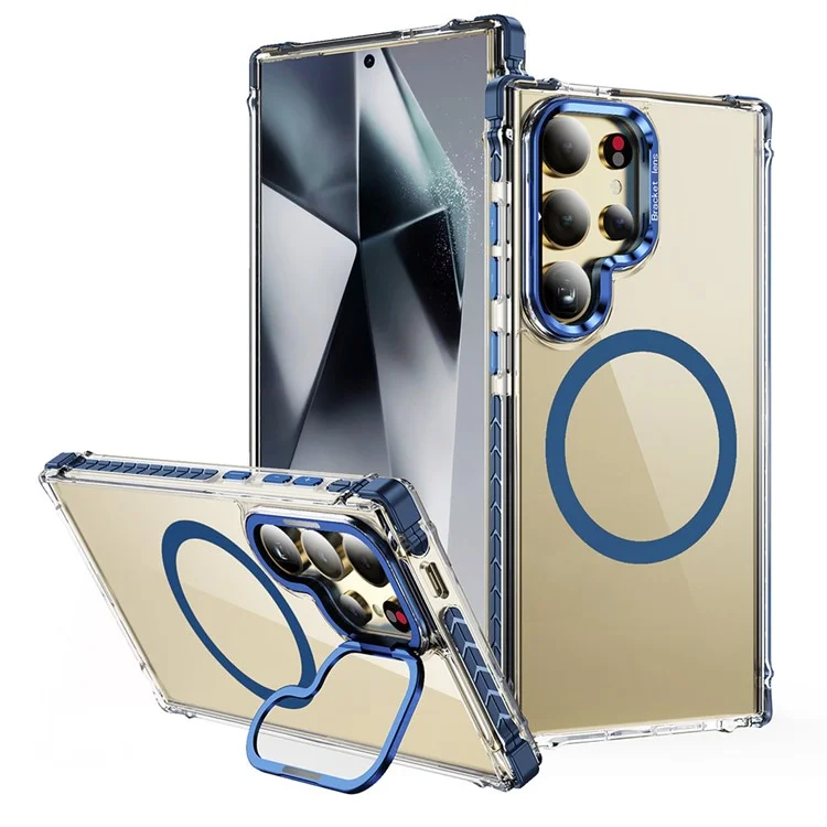 For Samsung Galaxy S24 Ultra Clear Phone Case with Lens Kickstand Cover Compatible with MagSafe - Blue