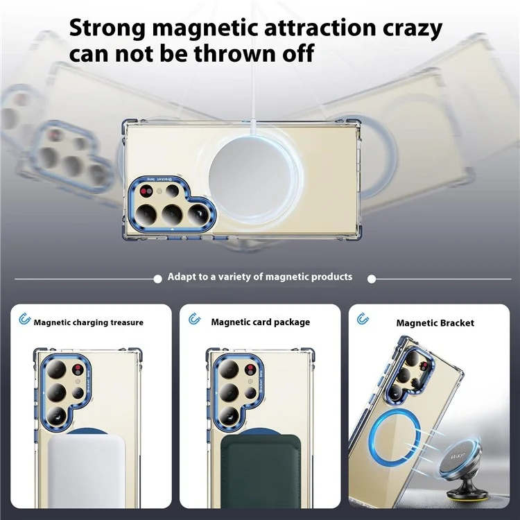 For Samsung Galaxy S24 Ultra Clear Phone Case with Lens Kickstand Cover Compatible with MagSafe - Blue