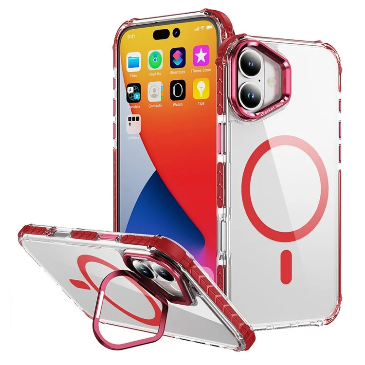For iPhone 16 Plus Clear Phone Case with Lens Kickstand Cover Compatible with MagSafe - Red