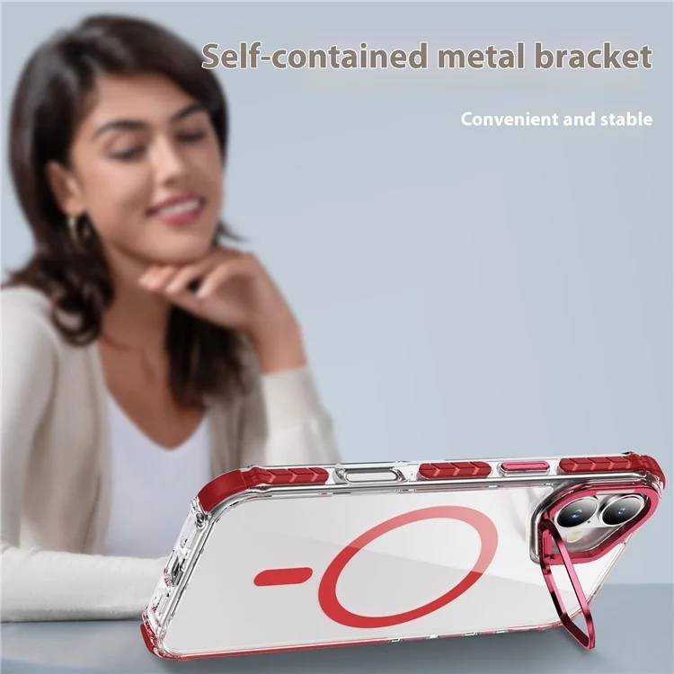 For iPhone 16 Plus Clear Phone Case with Lens Kickstand Cover Compatible with MagSafe - Red