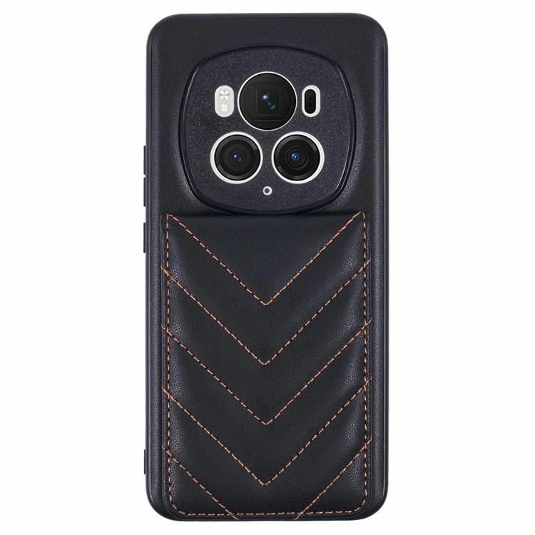 For Honor Magic6 Pro 5G Phone Case Rhombus Adhesive Card Bag with Kickstand RFID Blocking - Black