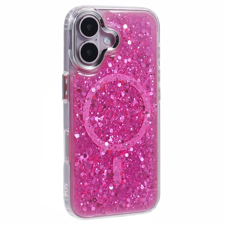For iPhone 16 Plus Case Compatible with MagSafe Glitter Sequin Epoxy TPU+Acrylic Phone Cover - Rose