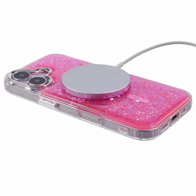 For iPhone 16 Plus Case Compatible with MagSafe Glitter Sequin Epoxy TPU+Acrylic Phone Cover - Rose