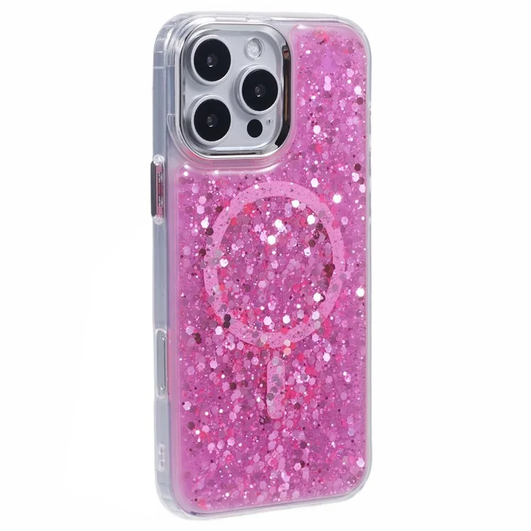 For iPhone 16 Pro Max Case Compatible with MagSafe Glitter Sequin Epoxy TPU+Acrylic Phone Cover - Rose
