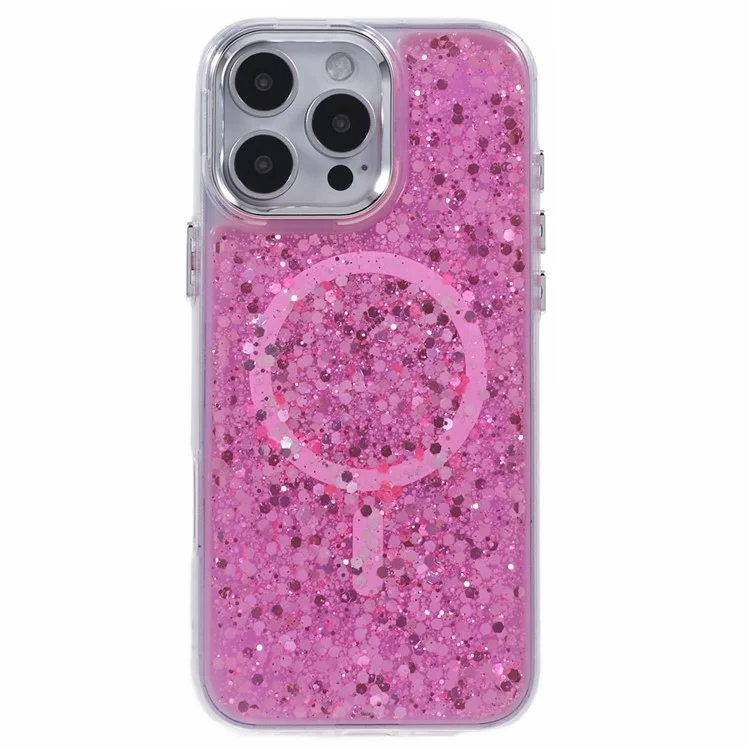 For iPhone 16 Pro Max Case Compatible with MagSafe Glitter Sequin Epoxy TPU+Acrylic Phone Cover - Rose