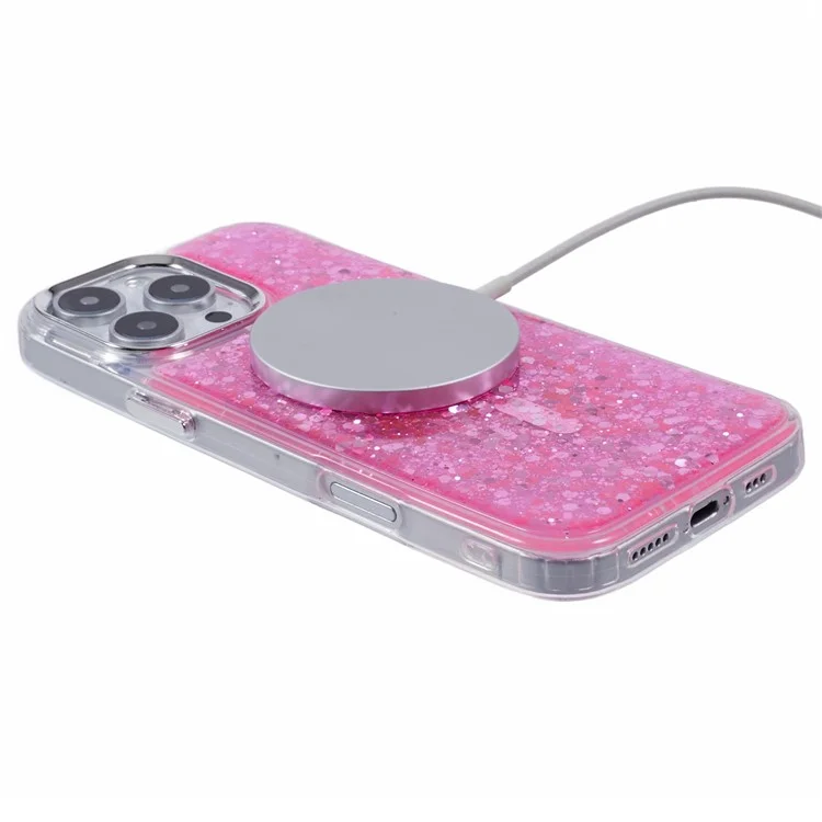 For iPhone 16 Pro Max Case Compatible with MagSafe Glitter Sequin Epoxy TPU+Acrylic Phone Cover - Rose