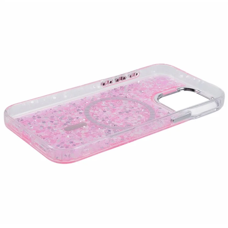 For iPhone 16 Pro Max Case Compatible with MagSafe Glitter Sequin Epoxy TPU+Acrylic Phone Cover - Rose
