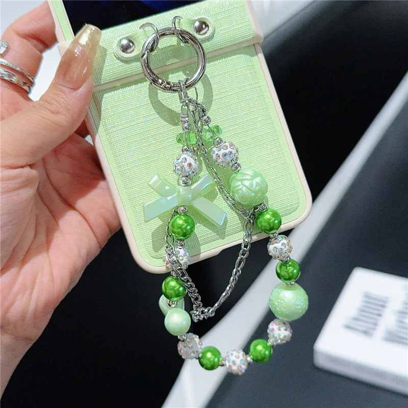 For Samsung Galaxy Z Flip7 FE 5G / Z Flip6 5G Case Hinge Protection Leather+PC Phone Cover with Beaded Strap - Light Green