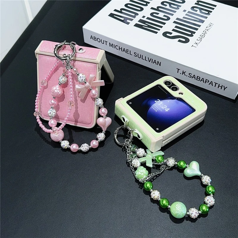 For Samsung Galaxy Z Flip7 FE 5G / Z Flip6 5G Case Hinge Protection Leather+PC Phone Cover with Beaded Strap - Light Green