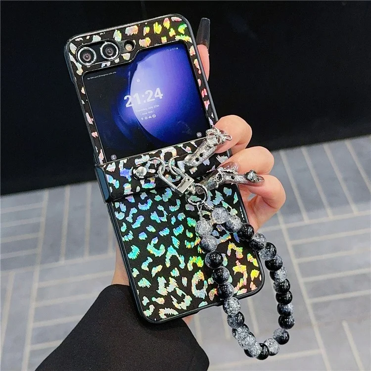 For Samsung Galaxy Z Flip6 5G Case Leopard Print Leather+PC Phone Cover with Beaded Strap - Black