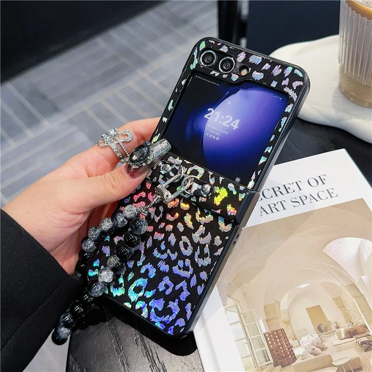 For Samsung Galaxy Z Flip6 5G Case Leopard Print Leather+PC Phone Cover with Beaded Strap - Black