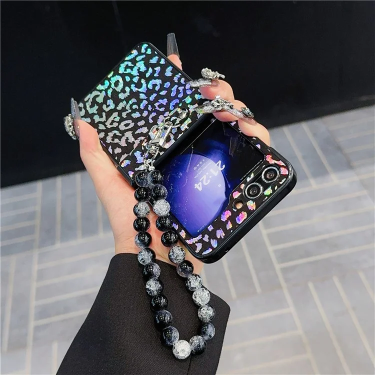 For Samsung Galaxy Z Flip6 5G Case Leopard Print Leather+PC Phone Cover with Beaded Strap - Black