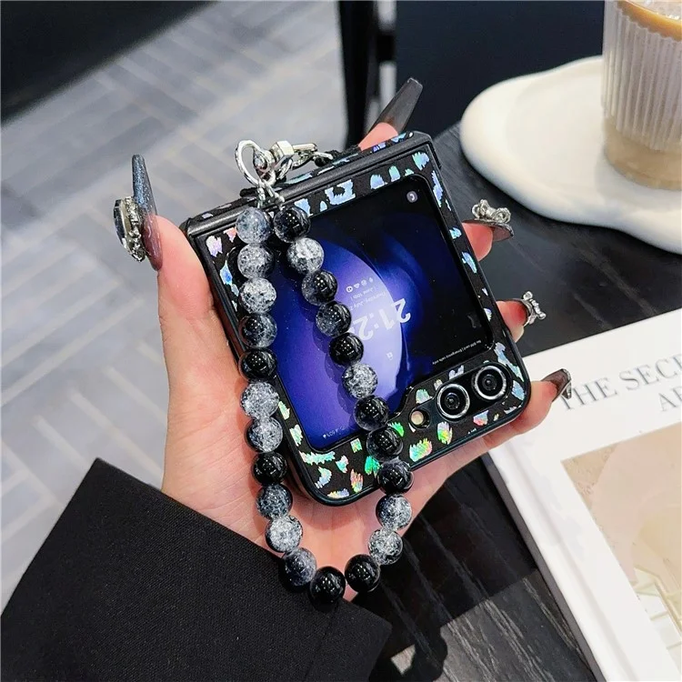 For Samsung Galaxy Z Flip6 5G Case Leopard Print Leather+PC Phone Cover with Beaded Strap - Black
