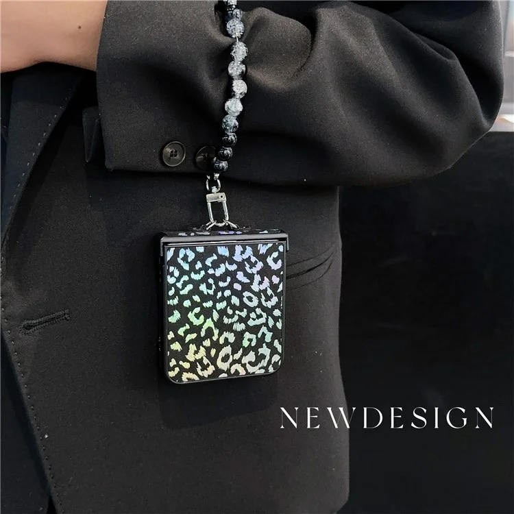 For Samsung Galaxy Z Flip6 5G Case Leopard Print Leather+PC Phone Cover with Beaded Strap - Black