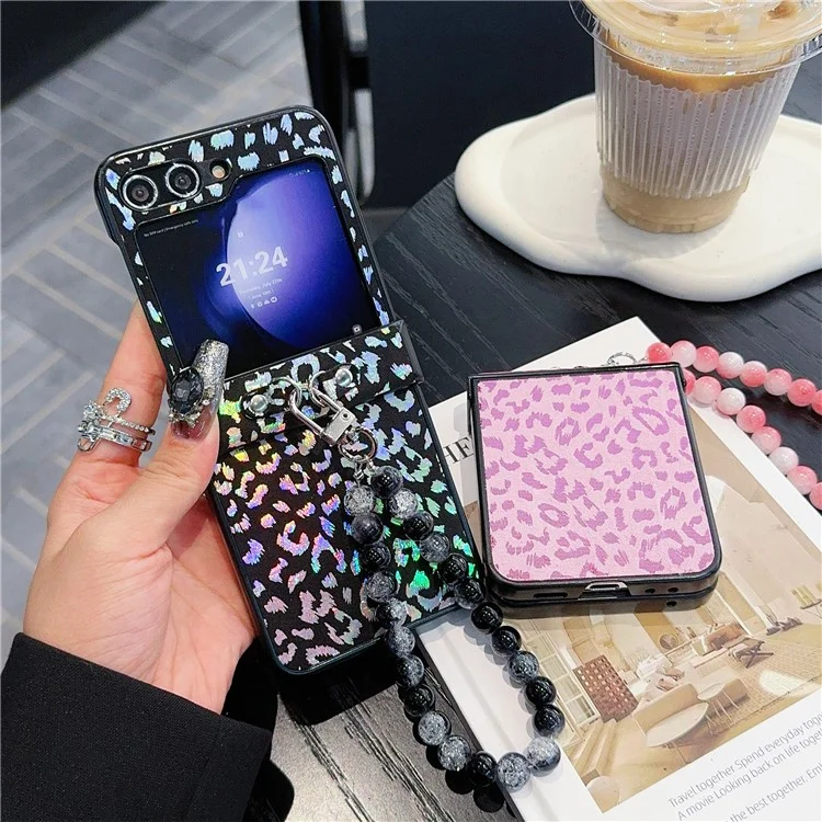 For Samsung Galaxy Z Flip6 5G Case Leopard Print Leather+PC Phone Cover with Beaded Strap - Black