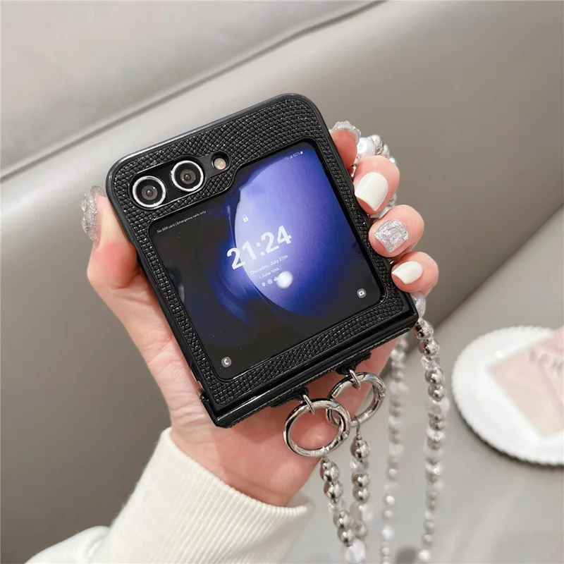 For Samsung Galaxy Z Flip7 FE 5G / Z Flip6 5G Case Hinge Protection Leather+PC Phone Cover with Crossbody Beaded Strap - Black