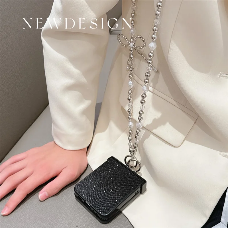 For Samsung Galaxy Z Flip7 FE 5G / Z Flip6 5G Case Hinge Protection Leather+PC Phone Cover with Crossbody Beaded Strap - Black