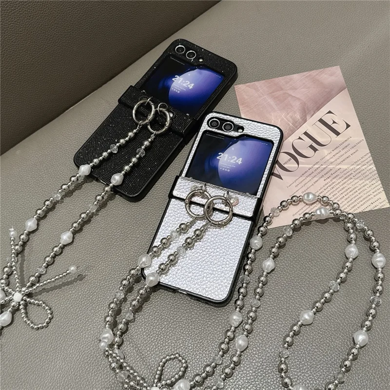 For Samsung Galaxy Z Flip7 FE 5G / Z Flip6 5G Case Hinge Protection Leather+PC Phone Cover with Crossbody Beaded Strap - Black