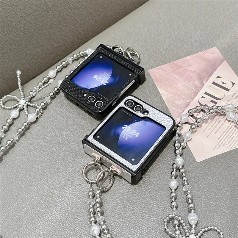 For Samsung Galaxy Z Flip7 FE 5G / Z Flip6 5G Case Hinge Protection Leather+PC Phone Cover with Crossbody Beaded Strap - Black