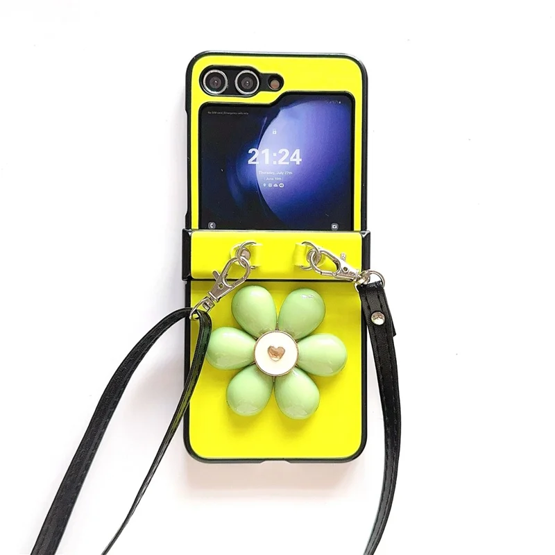 Para Samsung Galaxy Z Flip6 5G Caso 3D Couro de Flor+tampa do Telefone Para pc Com Cruzbody Strap - Verde Fluorescente
