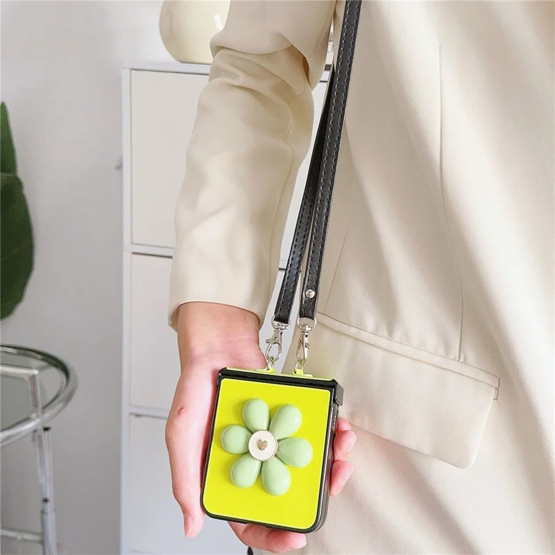 Para Samsung Galaxy Z Flip6 5G Caso 3D Couro de Flor+tampa do Telefone Para pc Com Cruzbody Strap - Verde Fluorescente