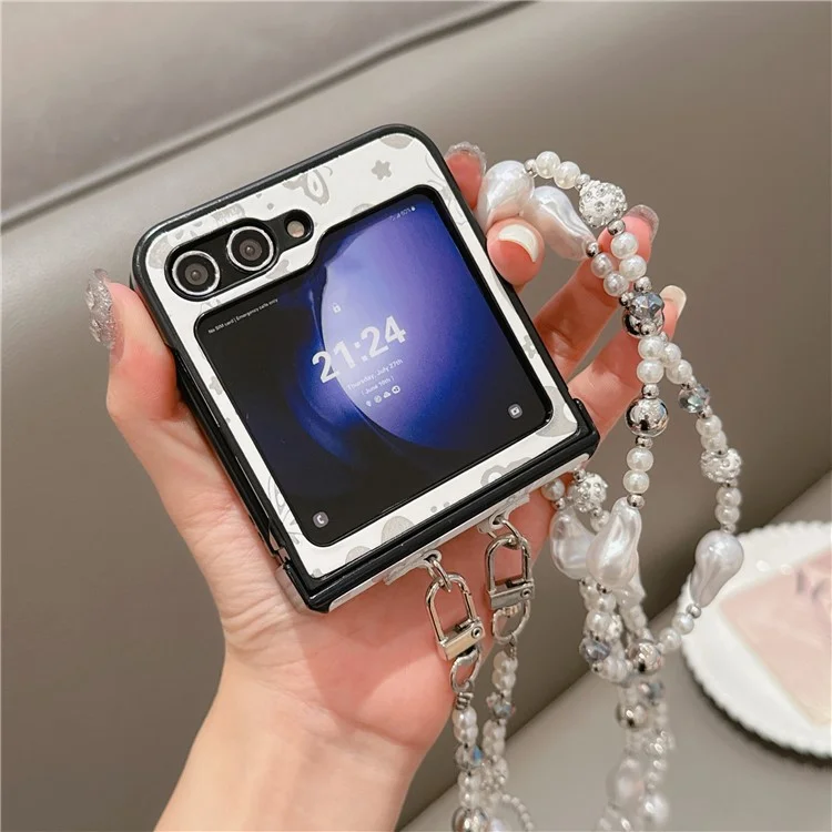Para Samsung Galaxy Z Flip6 5G Case Patrón de Mariposa de Cuero+pc Teléfono Con Correa Con Cuentas de Cuerpo Cruzado - Blanco