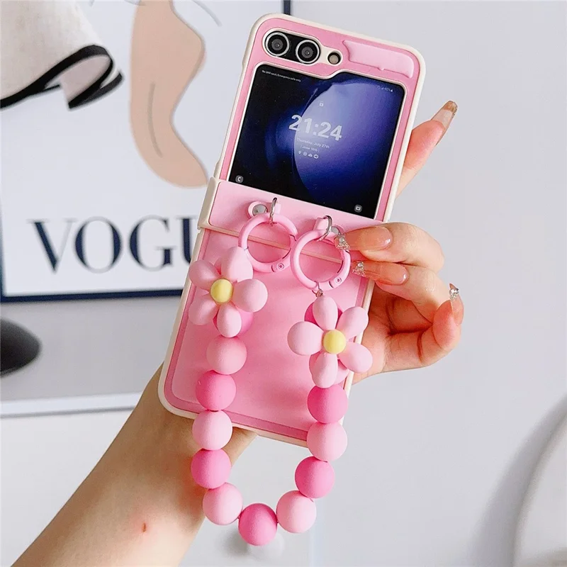 For Samsung Galaxy Z Flip6 5G Case Skin-Touch Leather+PC Phone Cover with Beaded Wrist Strap - Pink