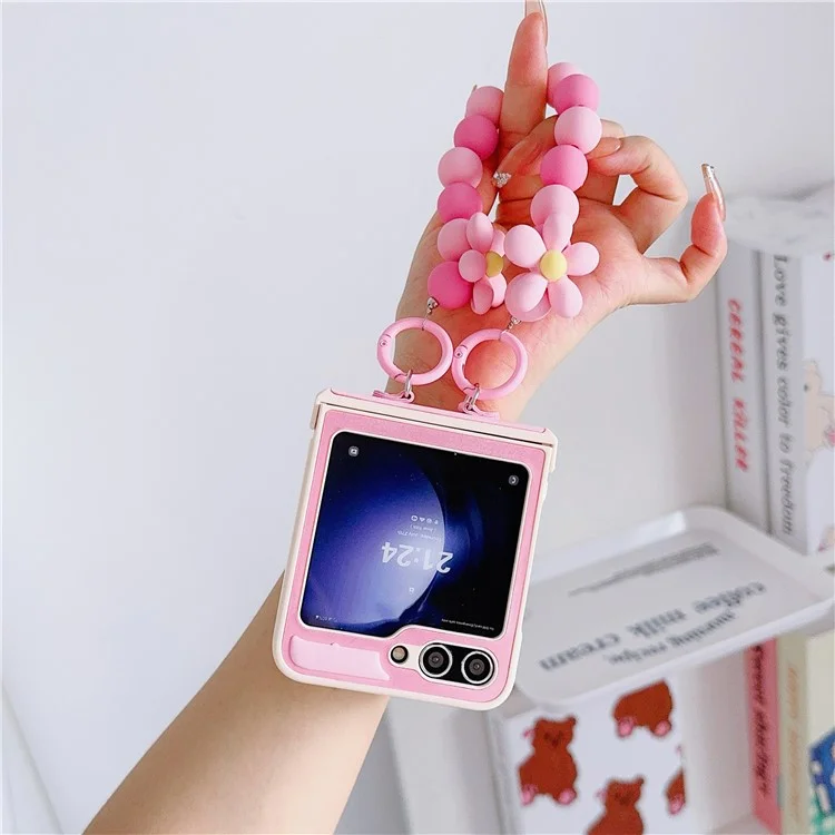 For Samsung Galaxy Z Flip6 5G Case Skin-Touch Leather+PC Phone Cover with Beaded Wrist Strap - Pink