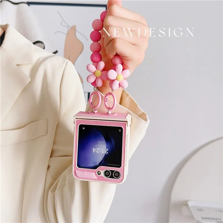 For Samsung Galaxy Z Flip6 5G Case Skin-Touch Leather+PC Phone Cover with Beaded Wrist Strap - Pink