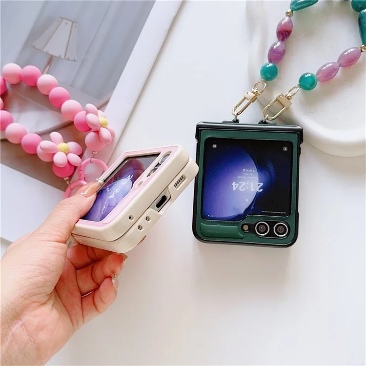 For Samsung Galaxy Z Flip6 5G Case Skin-Touch Leather+PC Phone Cover with Beaded Wrist Strap - Pink