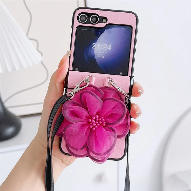 Para Samsung Galaxy Z Flip6 5G Case Organza Flower Leather+PC Tampo Com Crossbody Cordão - Rosa