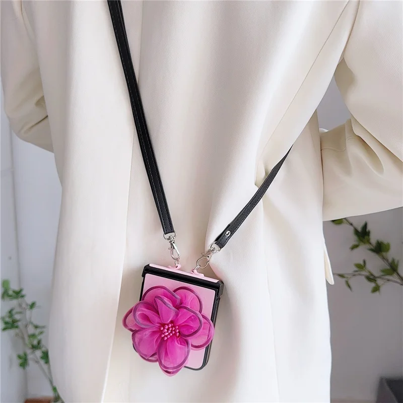 Para Samsung Galaxy Z Flip6 5G Case Organza Flower Leather+PC Tampo Com Crossbody Cordão - Rosa