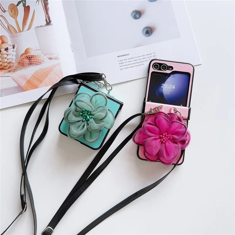 Para Samsung Galaxy Z Flip6 5G Case Organza Flower Leather+PC Tampo Com Crossbody Cordão - Rosa
