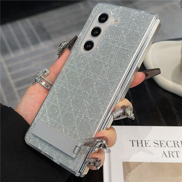 Для Samsung Galaxy Z Fold6 5G Case Invisible Kickstand Leather+PC Phone Cover - Решетка / Серебро
