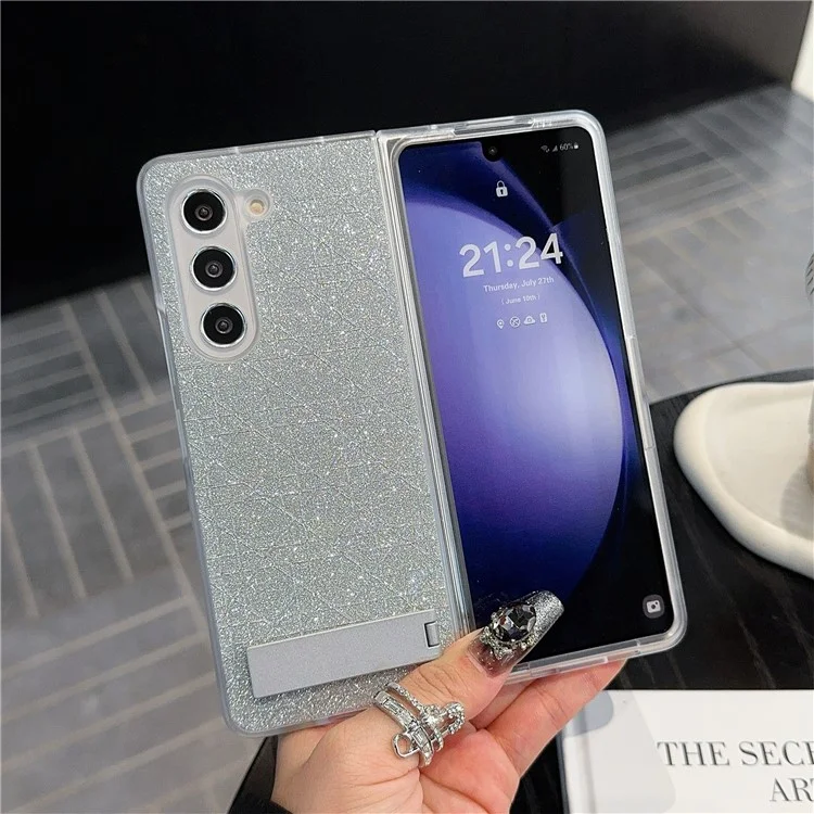 Для Samsung Galaxy Z Fold6 5G Case Invisible Kickstand Leather+PC Phone Cover - Решетка / Серебро